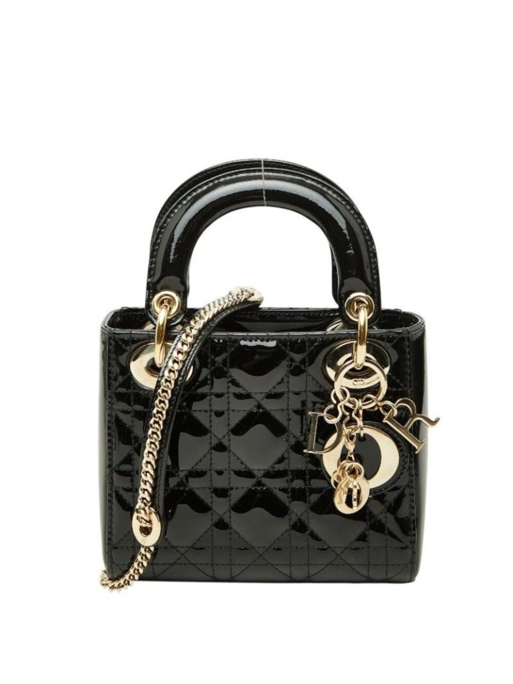 Dior Cannage Lady Dior Mini 2-Way Shoulder Bag Black Patent Leather